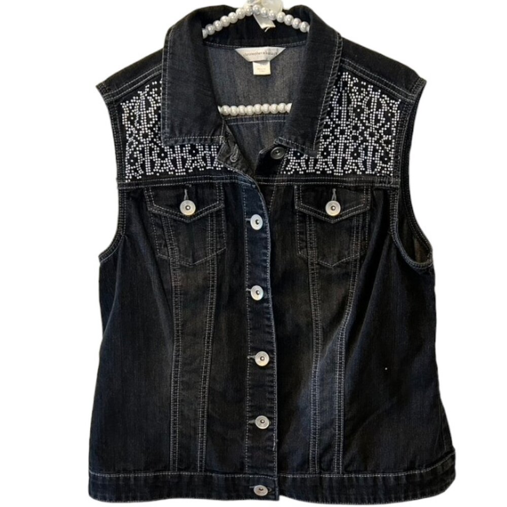 Christopher & Banks Black Washed Stretch Denim Vest with Sparkle Detail L EUC